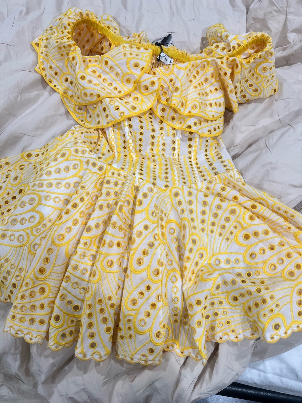 Charo Ruiz Yellow and White Eyelet Off-Shoulder Dress